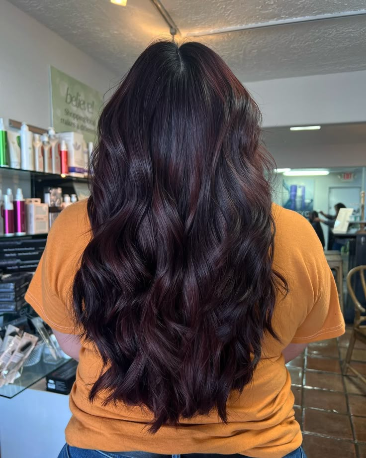 Wine Color Highlights On Black Hair, Dark Dark Red Hair Color, Black Cherry Plum Hair Color, Ion Black Cherry Hair Color, Dark Plum Black Hair, Deep Plum Balayage, Dark Plum Brown Hair Color, Black Wine Hair, Plum Highlights On Black Hair