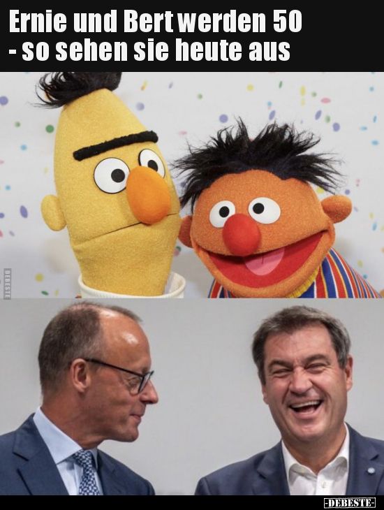 two men standing next to each other in front of an image of sesame and bert