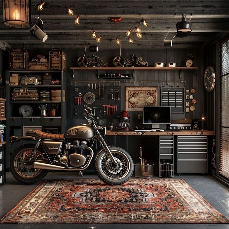 a motorcycle is parked in front of a desk with lots of drawers and shelves on the wall