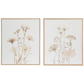 two framed pictures with flowers in them on a white wall, one is brown and the other is beige