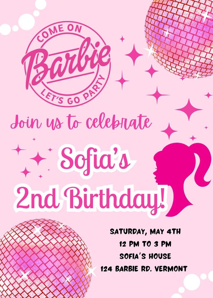 a pink birthday party flyer with disco balls and a woman's silhouette on it