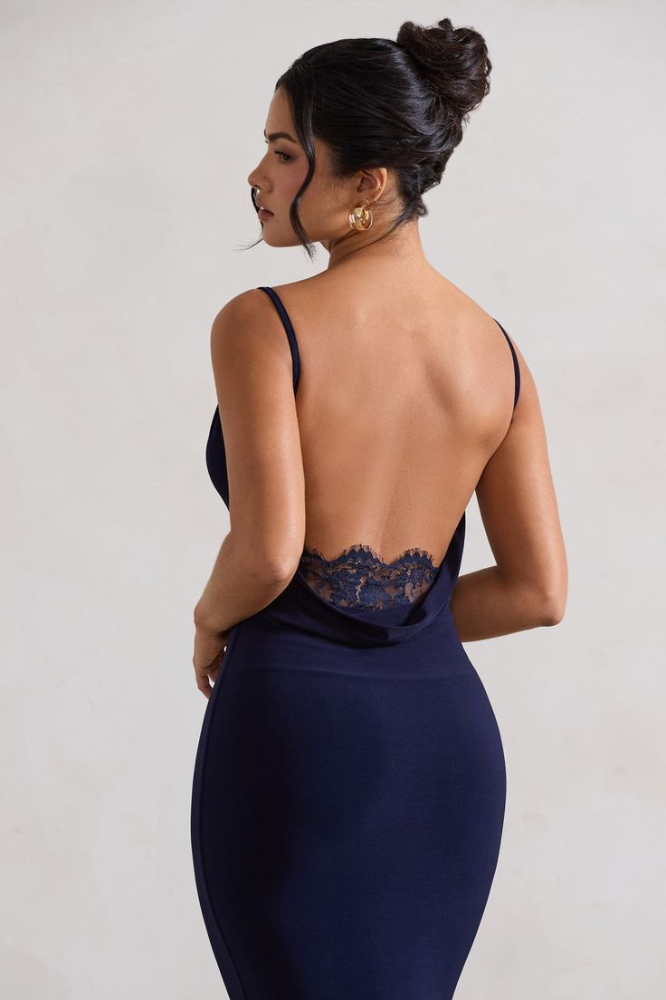 Addison Navy Cowl-Neck Open-Back Midi Dress With Lace – Club L London - USA Elegant V-neck Midi Dress With Built-in Bra, Cowl Neck Outfit, Navy Prom Dresses, Black Dress Prom, Fishtail Skirt, Black Tie Gala, Party Dress Long Sleeve, Bridesmaid Outfit, Romantic Lace