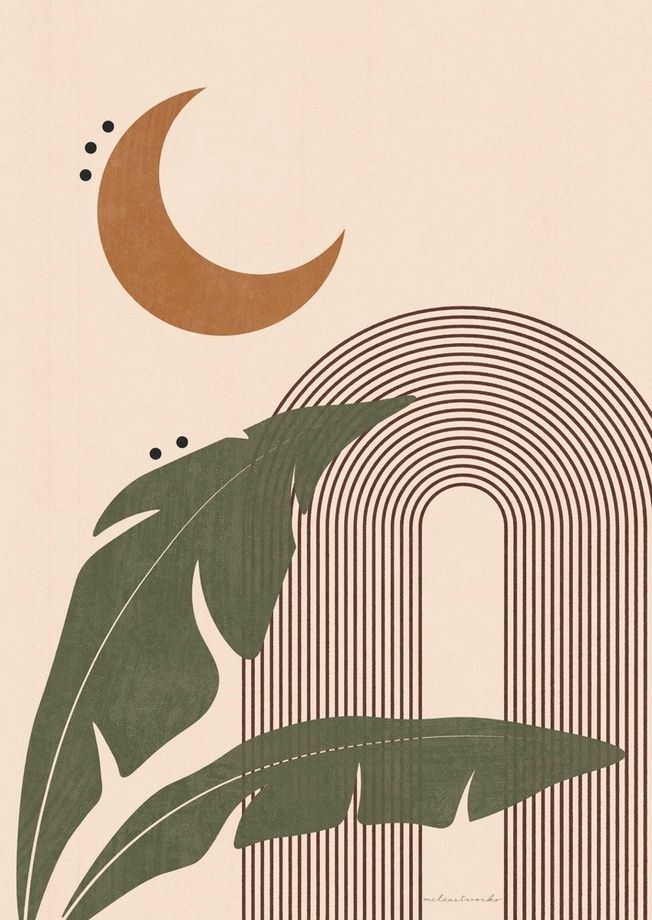 an art deco poster with palm leaves and a crescent