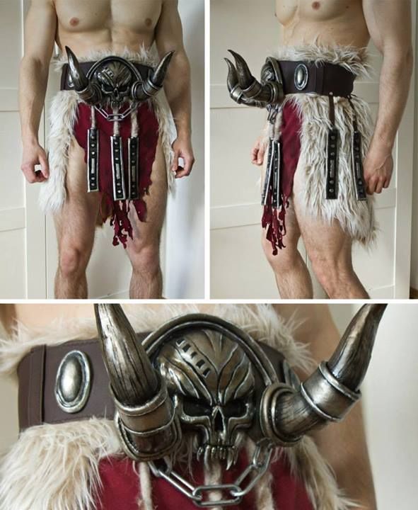 Barbarian Progress And here is the finished skirt with belt. Crow Feeder, Scrap Punk, Barbarian Cosplay, Dnd Minotaur, Barbarian Character Design, Barbarian Character Design Male, Orc Barbarian, Barbarian Costume, Lightning Cosplay