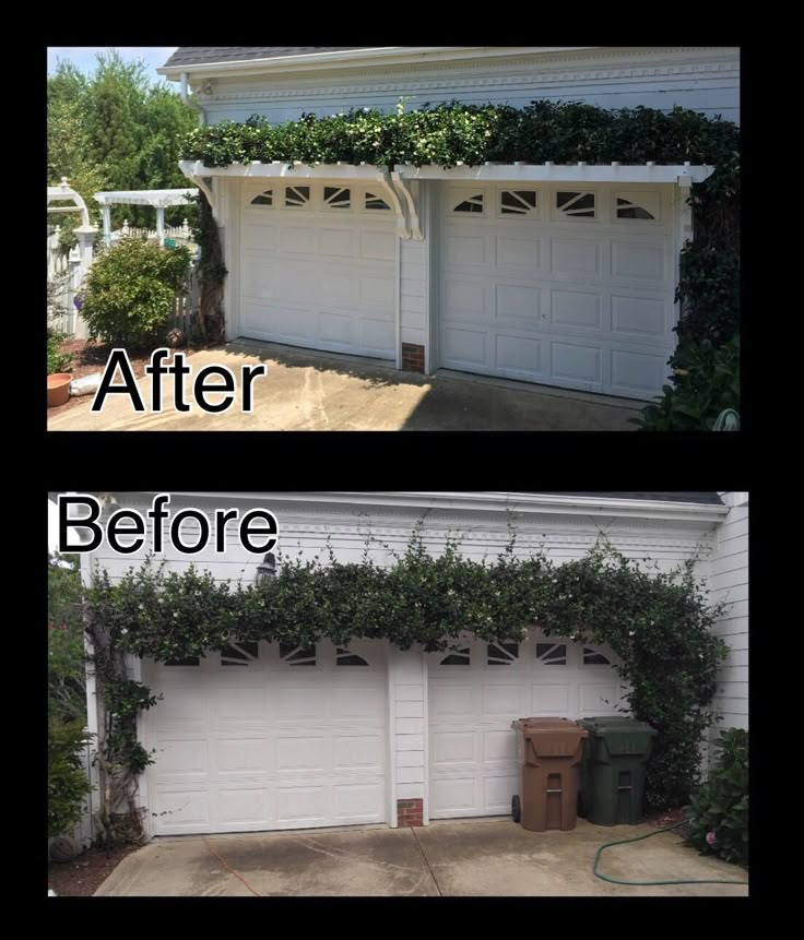 two garages with plants growing on the roof and in between them, before and after cleaning