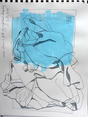 a drawing of a woman sitting on top of a bed next to a blue wall