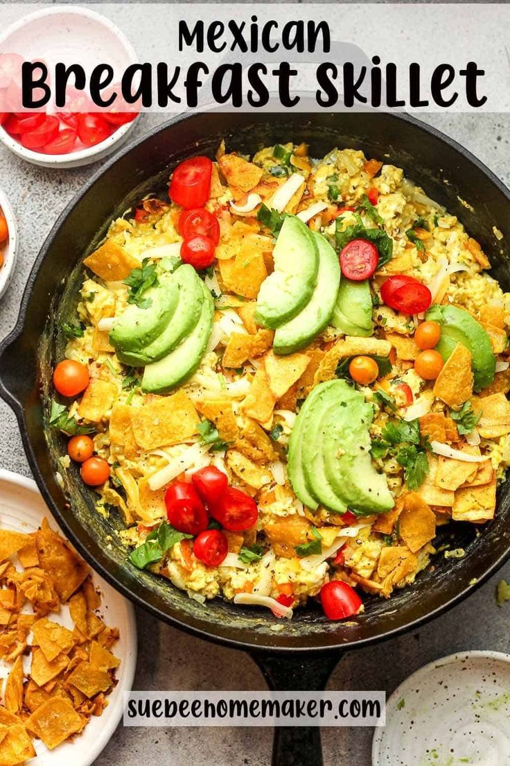 mexican breakfast skillet with avocado, tomatoes and tortilla chips