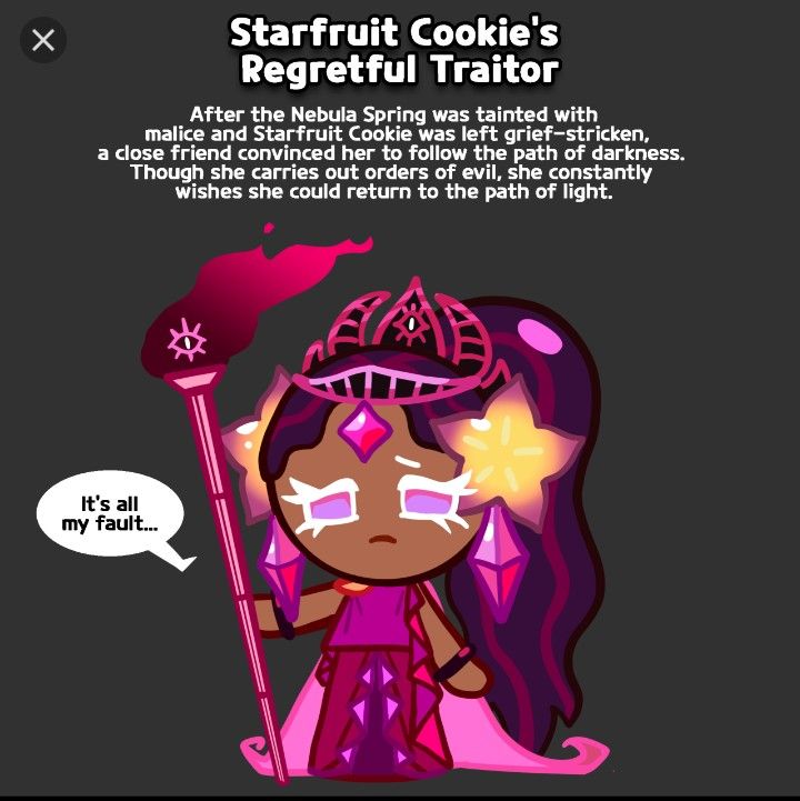 a cartoon character holding a wand with the caption starfruit cookie's regretful trator