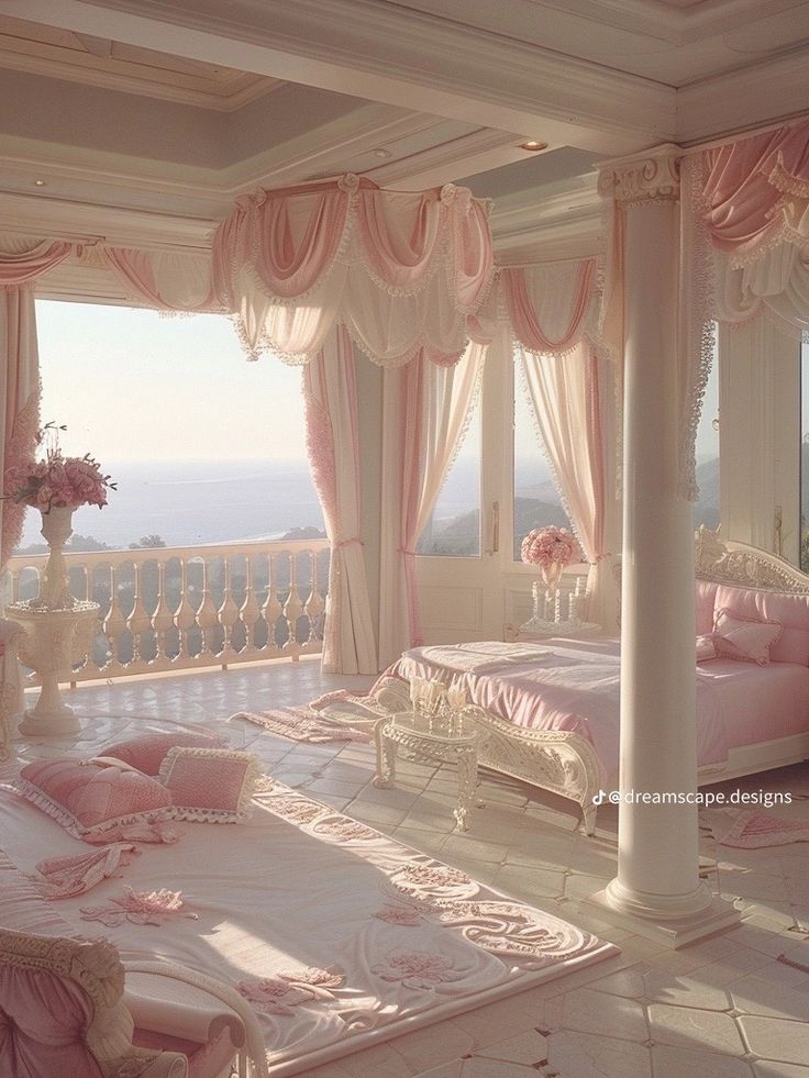 a bedroom with pink bedding and curtains on the windowsill, overlooking the ocean