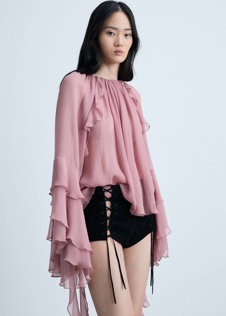 Ruffled chiffon blouse  - Woman | MANGO USA Light Pastel Pink, Chiffon Blouses, Technology Fashion, Ruffle Long Sleeve, Fashion People, Chiffon Ruffle, Chiffon Blouse, Ruffle Top, Fashion Set