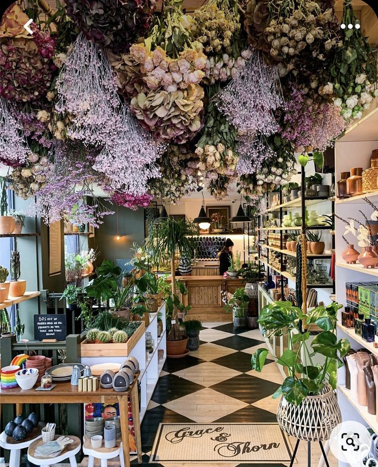 the inside of a flower shop filled with lots of plants