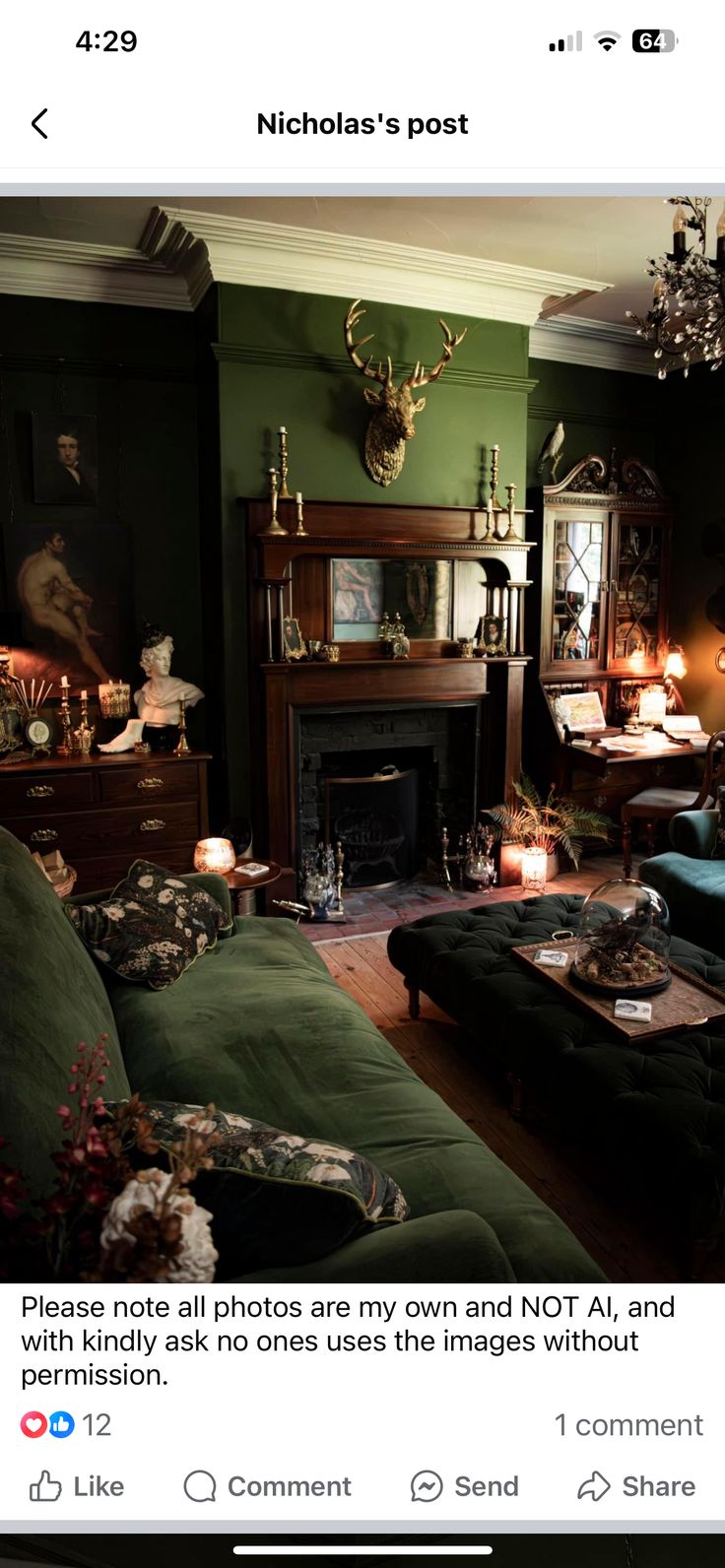 a living room filled with furniture and a fire place next to a green wall covered in deer heads