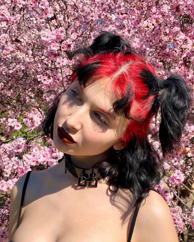 Black Tips Hair Color, Pink And Black Mullet, Edgy Bangs With Medium Hair, Alt Hair Dye Ideas Short Hair, Hot Roots Hair, Hair Color Ideas Alt, Hair Dye Inspo Short Hair, Pink Roots Black Hair, Alt Hair Color Ideas