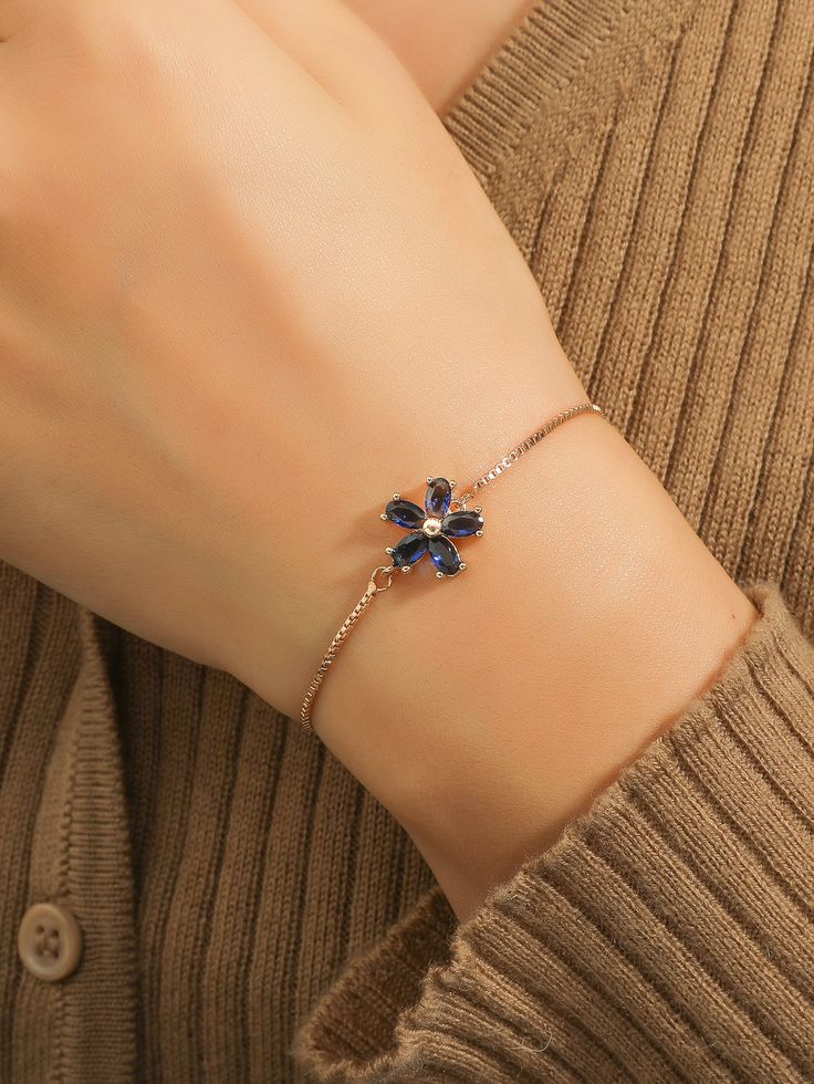 Royal Blue Fashionable Collar  Cubic Zirconia   Embellished   Fashion Jewelry Sapphire Jewelry Aesthetic, Bracelets Women, Dainty Blue Jewelry For Party, Dainty Flower Bracelets For Party, Bracelet Women, Elegant Adjustable Blue Bracelets, Jewelry Blue, Cute Blue Flower Jewelry, Bracelets For Women