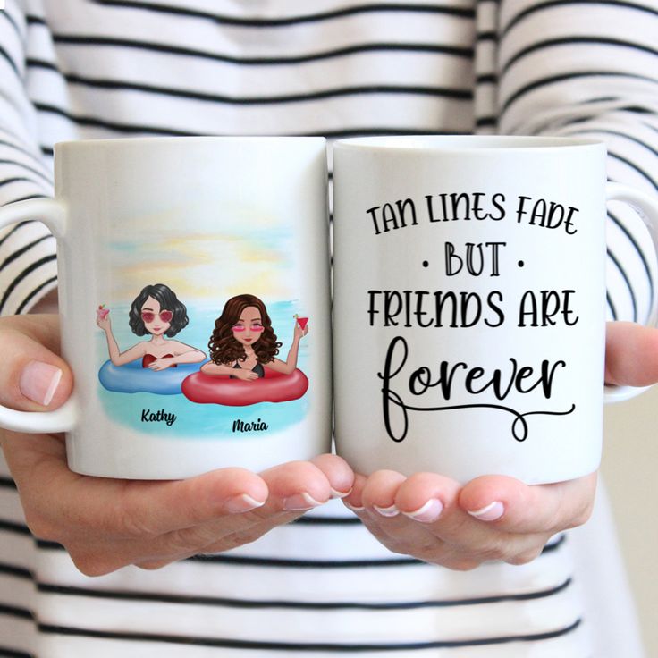 two women holding coffee mugs that say i love you to the beach and back