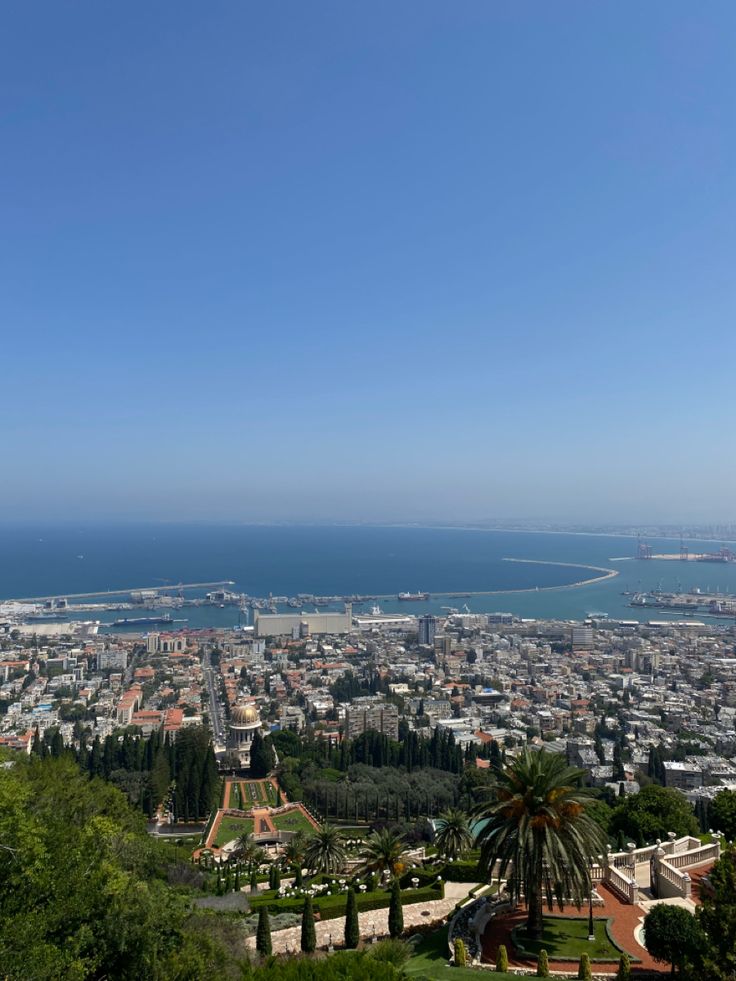 an aerial view of a city and the ocean from atop a hill with palm trees