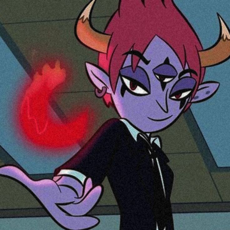 an animated image of a demon with red hair and horns on it's head