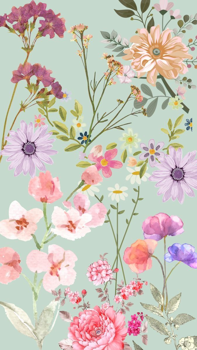 a floral wallpaper with pink, purple and green flowers on a light blue background