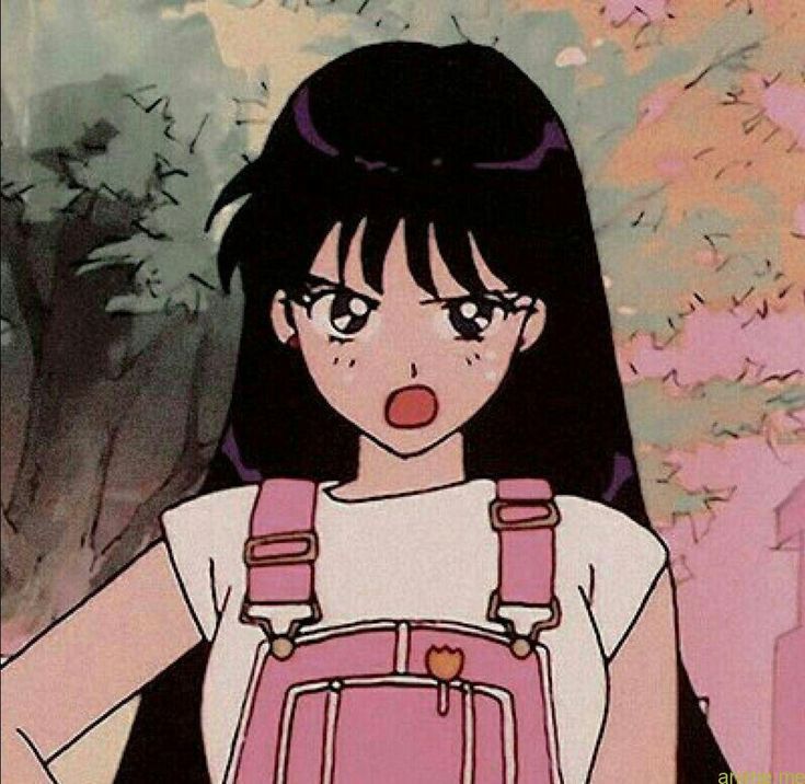 an anime character with long black hair and pink overalls, standing in front of trees