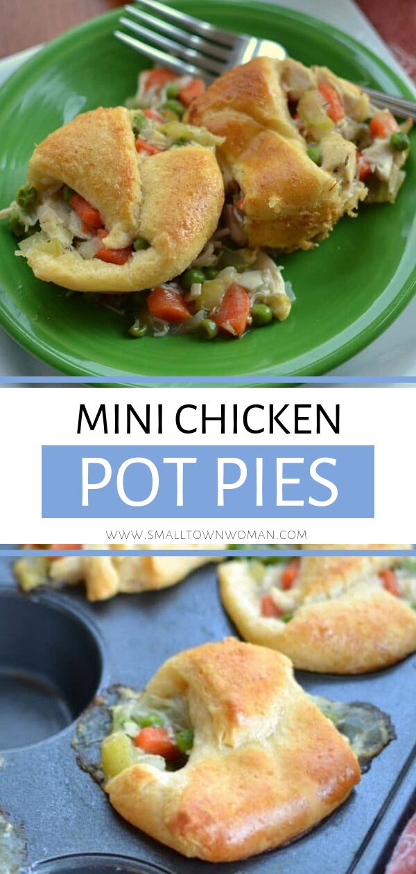 mini chicken pot pies on a green plate and in a muffin tin with a fork