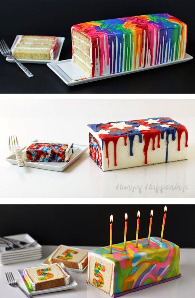 three different types of birthday cakes with candles on each cake and one has a slice missing from it