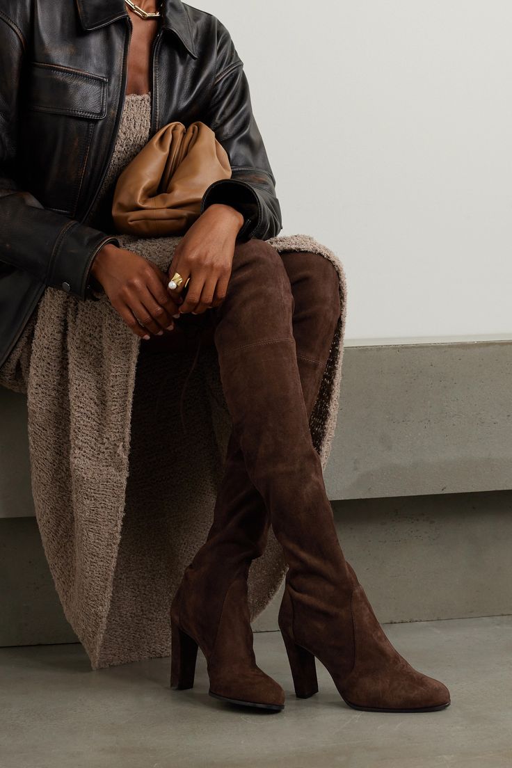 Stuart Weitzman's 'Highland' boots tick off two huge trend for Fall '23 - the over-the-knee profile and chocolate-brown color. One of the brand's most popular styles, they are set on a comfortable but elongating block heel and made from stretchy suede so they're easy to get on and off. Luxury Brown Knee-high Boots With Suede Lining, Luxury Ankle-high Chic Chelsea Boots, Luxury Suede Lined Knee-high Boots For Women, Over The Knee Camel Boots, Luxury Knee-high Boots With Leather Lining For Fall, Luxury Leather Lined Knee-high Boots For Fall, Luxury High-top Chelsea Boots Casual Style, Luxury Modern Knee-high Boots For Formal Occasions, High Knee Boots Miggon 🛍️