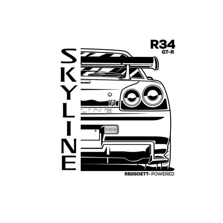 the front end of a car that is in black and white, with the words skyline on it