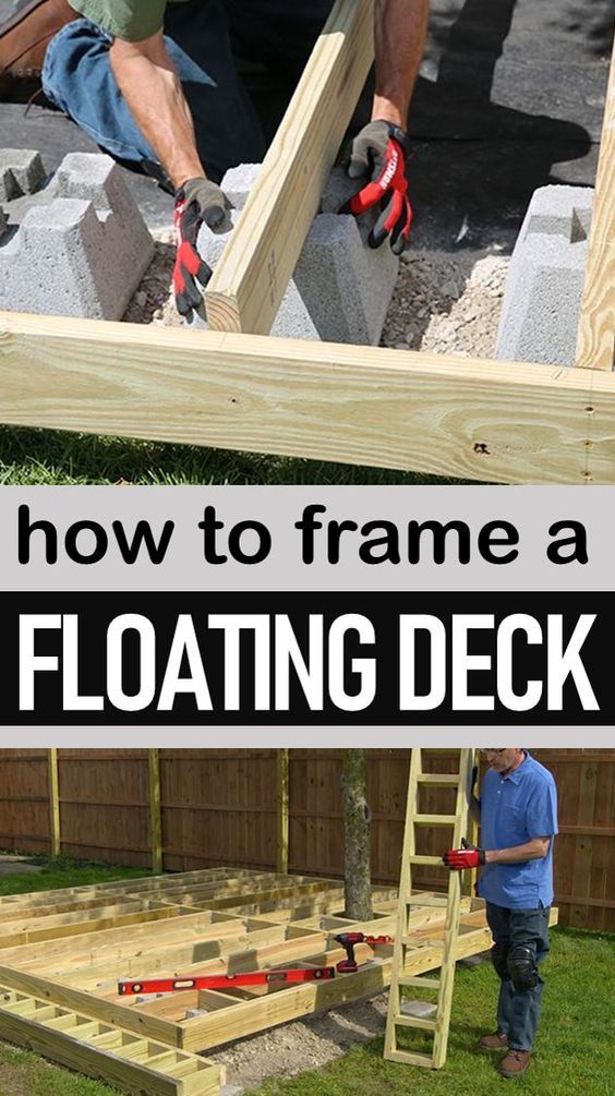 a man working on a wooden deck with the words how to frame a floating deck