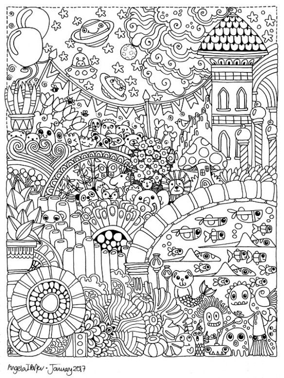 an adult coloring page with lots of different things in the sky and flowers on it