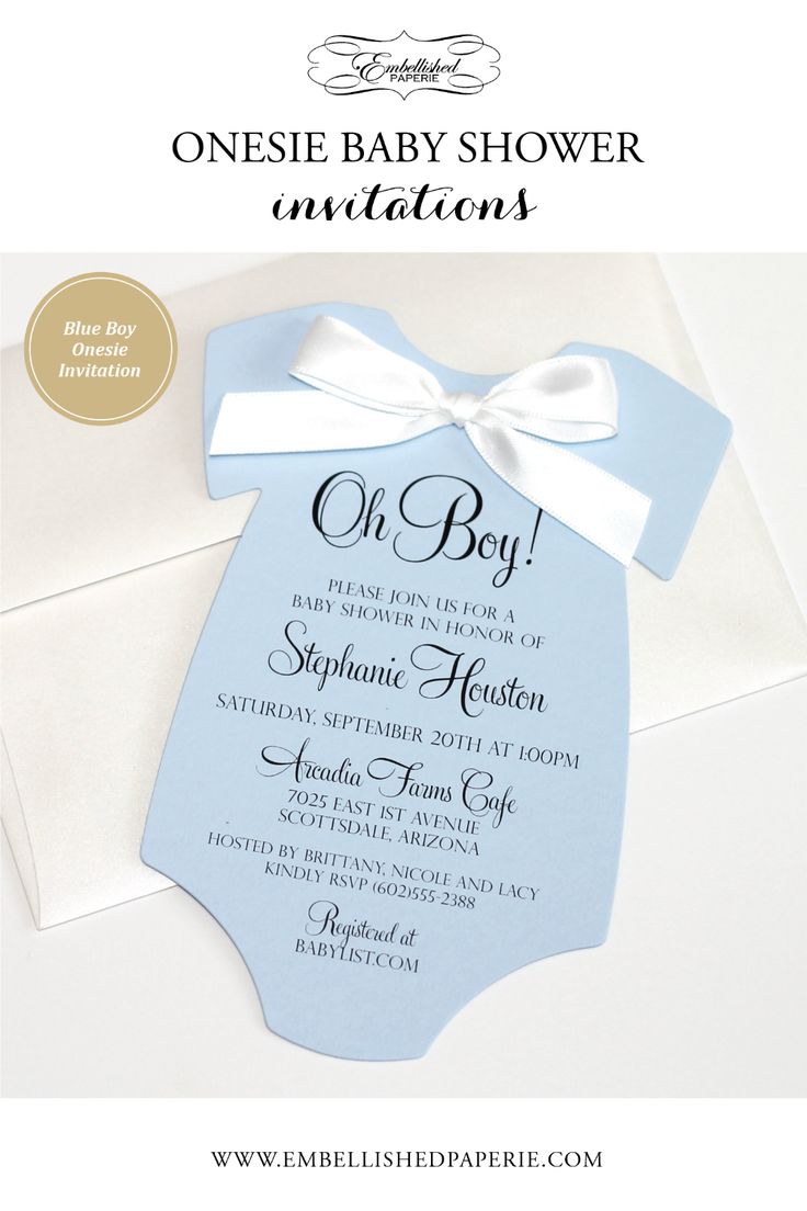 Celebrate the upcoming arrival of your new bundle of joy with this unique and charming blue onesie baby shower invitation! The perfect way to announce your new baby's gender, this light blue invitation features a white onesie with a bowtie design, topped with a bold and cheery "Oh Boy!" Script. Create a memorable keepsake with this custom baby shower invite that friends and family of the expecting parents will cherish. Handmade Baby Shower Invitations, Baby Shower Ideas Boy, Baby Shower Invitations Girl, Die Cut Invitations, Boy Baby Shower Invitations, Girl Baby Shower Invitations, Blush Invitations, Girl Baby Shower Ideas, Blue Baby Shower Invitations