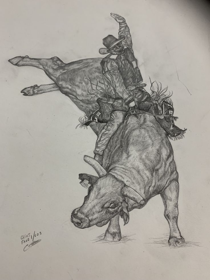 a drawing of a man riding on the back of a bull with another person sitting on it's back