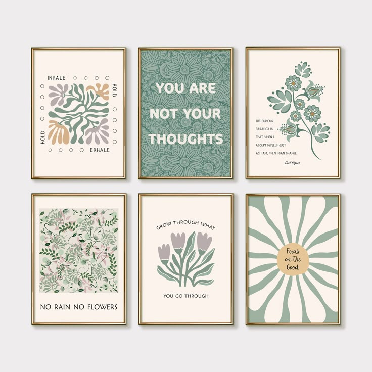 four cards with different designs on them, one says you are not your thoughts and the other has an image of flowers