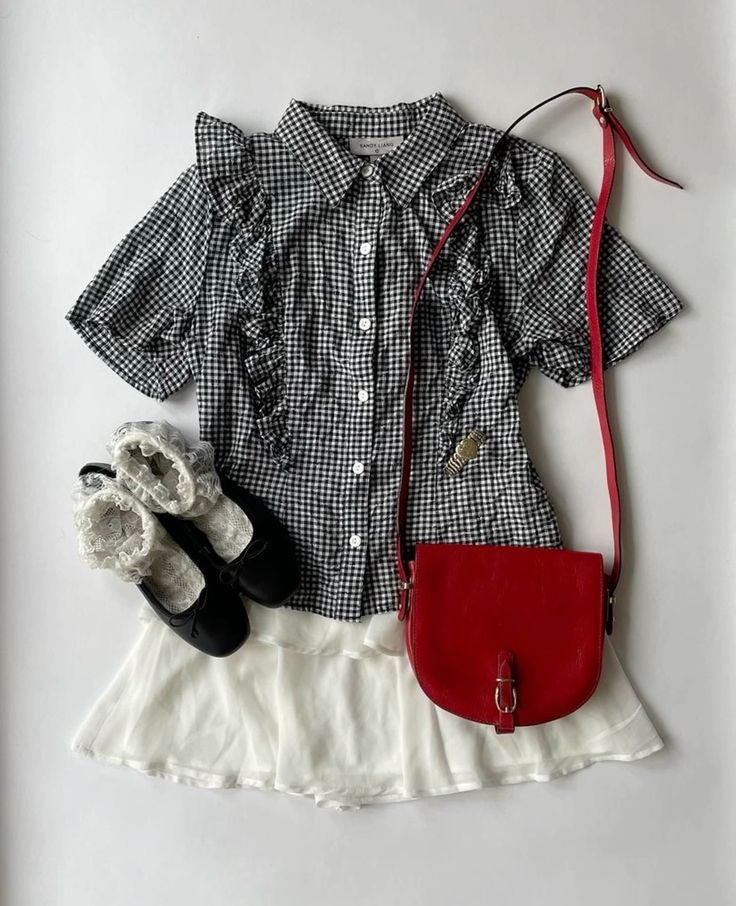 use my code BAOLT11 on your yesstyle order for $$$ off your purchase <33 50s Aesthetic Fashion, Gingham Outfit Ideas, Gingham Shirt Outfit, Gingham Skirt Outfit, Red Shirt Outfits, Gingham Outfit, Her Drawing, Ballet Flats Outfit, School Homework