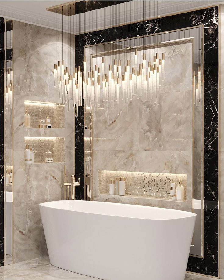 a bathroom with marble walls and flooring, including a bathtub in the center