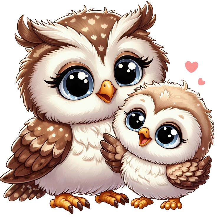 two owls sitting next to each other on top of a white surface with hearts in the background