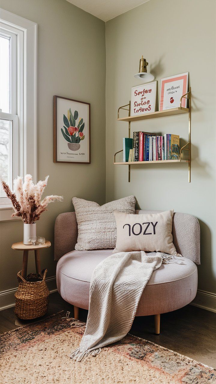 a living room with a couch, bookshelf and rug on the floor next to a window