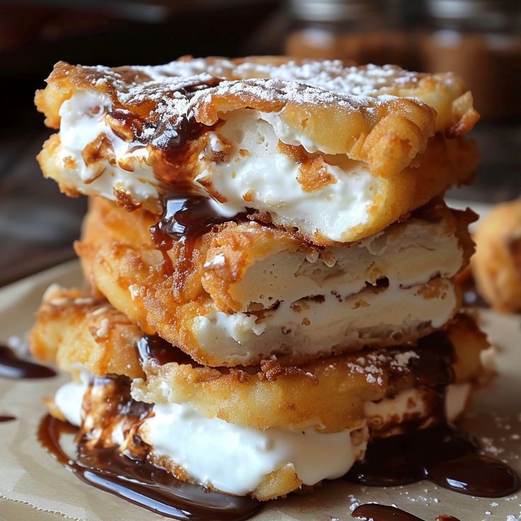 three ice cream sandwiches stacked on top of each other with chocolate sauce drizzled around them