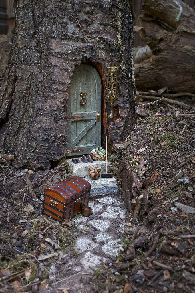 an old tree with a door in the middle and a trunk on the ground next to it