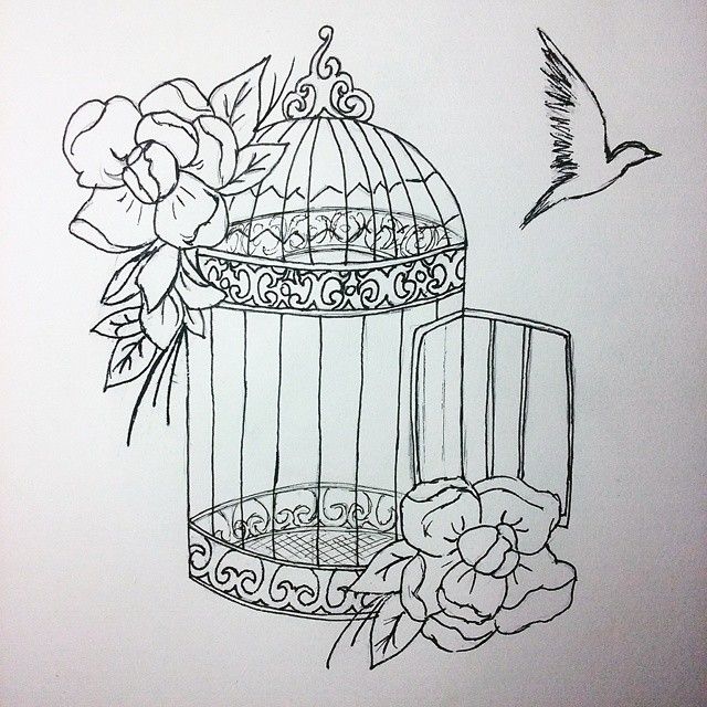 a drawing of a bird in a cage with flowers