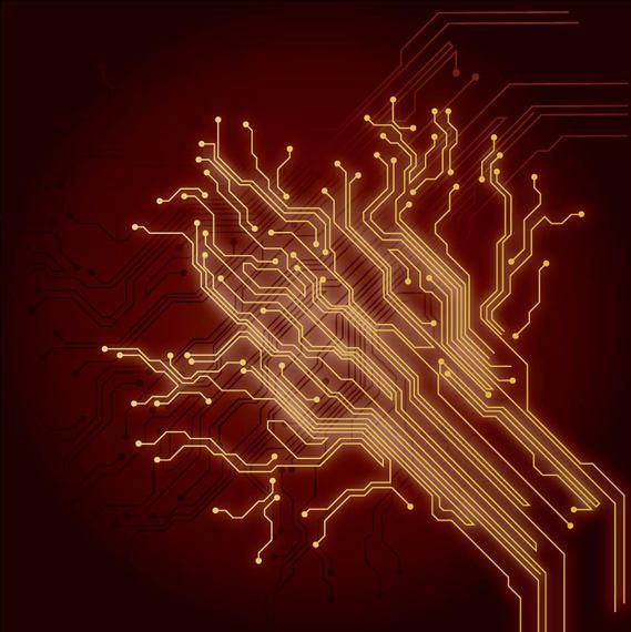 an electronic circuit board with glowing lines and dots in the shape of a heart on a dark background