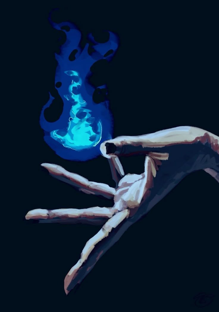 two hands reaching towards each other with blue flames in the background