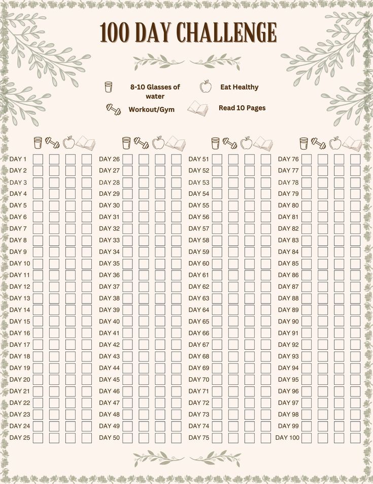 the printable 100 day challenge is shown