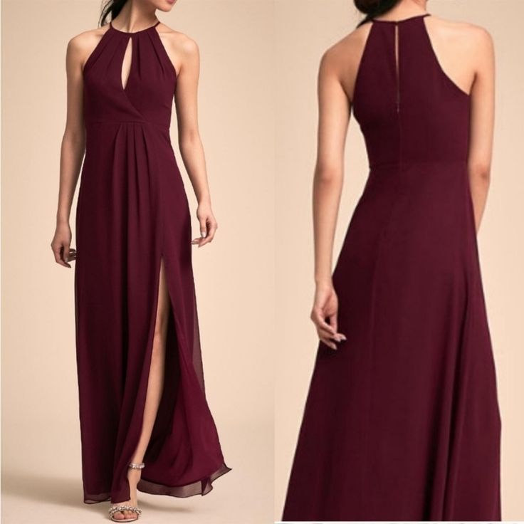 From Anthropologie‘s Luxury, Bridal Line, This Super Comfortable Halter Top Keyhole Front Fit, And Flare Gown Will Make You The Life Of The Party. Fully Lined With A Zip Back Full Skirt With Slit. Like New Without Tags, Never Worn Deep, Red, Maroon, Wine, Merlot Burgundy Synthetic Blend Msrp $250 Size Medium Prom Gown Halter Prom Gown Mix And Match Bridesmaid Dress Anthropologie A Comfortable Halter Gown Deep Red Bridesmaid Dresses, Halter Top Prom Dresses, Maroon Bridesmaid Dresses, Burgundy Formal Dress, Fit And Flare Gown, Bhldn Dress, Maroon Wedding, Wine Dress, Flare Gown