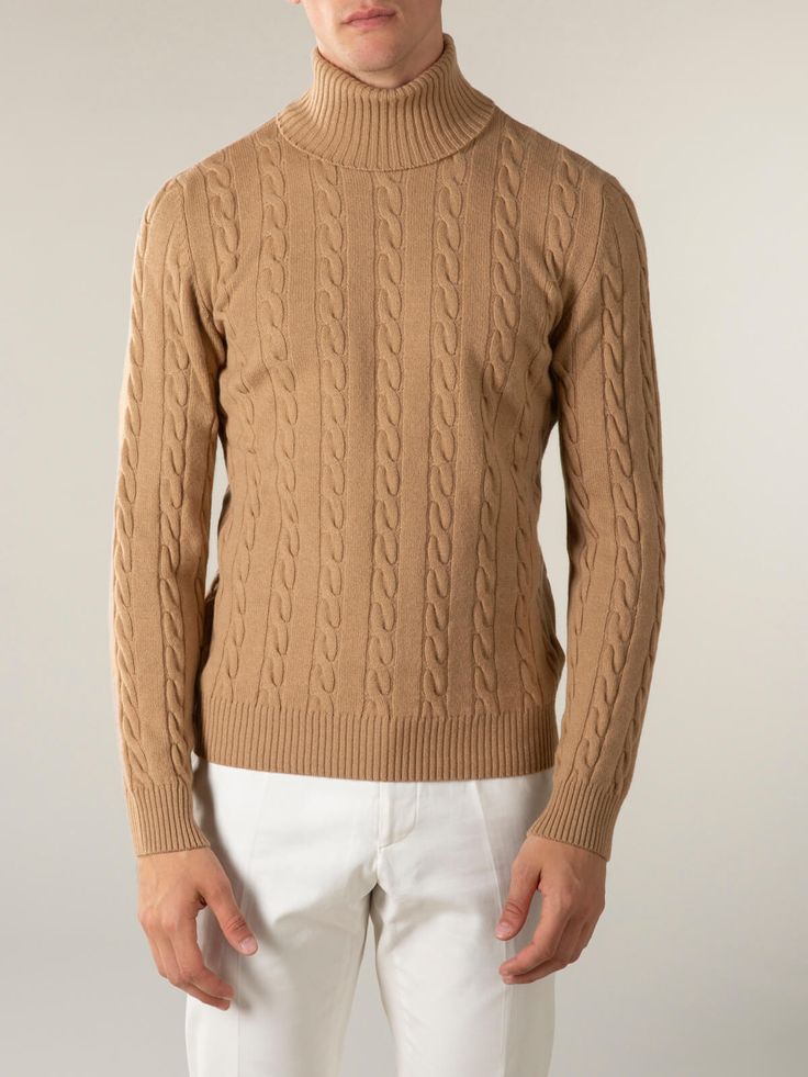 These Aurélien Dolcevita Cable Knit Sweater Beige for Men Large symbolize Mediterranean style and ultimate comfort. A combination of traditional details and a contemporary twist. This model is made in  Cashmere. The  Sweater are made entirely by hand in Italy. For exclusive, luxurious and handmade Italian Sweater you've come to the right place at Aurélien! Elegant Cashmere Cable Knit Sweater, Beige Stretch Cable Knit Sweater, Luxury Cotton Cable Knit Sweater, Luxury Cable Knit Merino Wool Sweater, Luxury Cashmere Cable Knit Turtleneck, Roll Neck Sweater, Knit Sweater, Beige Sweater, Mediterranean Style