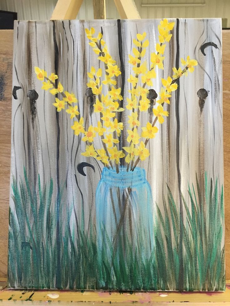 a painting of yellow flowers in a blue mason jar on a wooden fence with grass