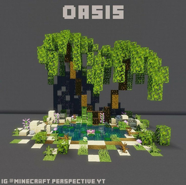 an image of some trees and water in the middle of a pixellated landscape with text that reads oasis minecraft perspective v1