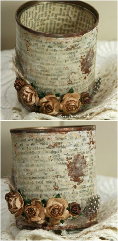 two pictures of an old tin can with flowers on it