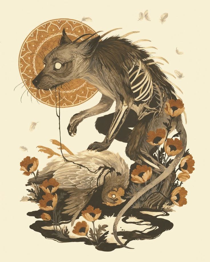 an animal with a skeleton on it's back and flowers in the foreground