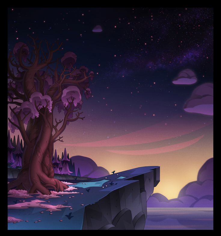 a cartoon scene with a tree and some rocks in the foreground at night time