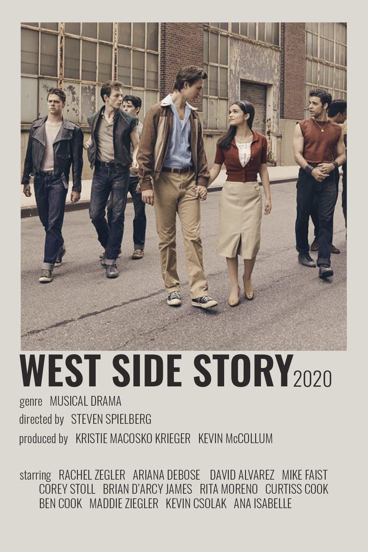 a movie poster for west side story with people walking down the street in front of them